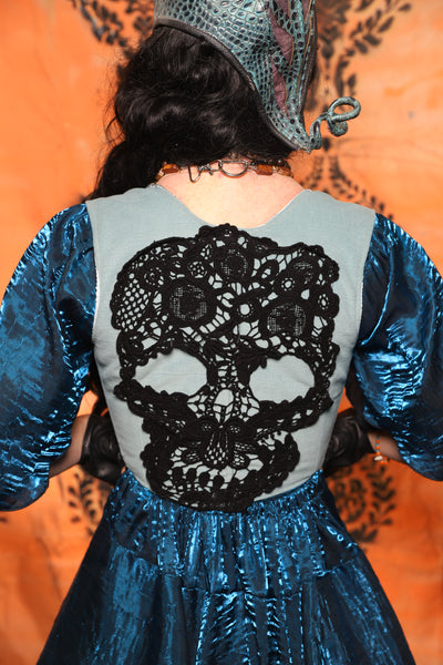 Cropped Dapper Vixen in Blue Slate w/Black Lace Skull Applique  - Day 13 of 13 Days of Halloween 2025