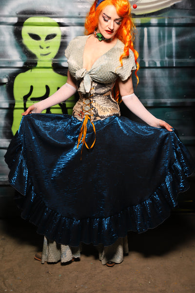 Crescent Skirt w/ruffle in Dark Sapphire Crushed Shimmer - The Gilded Galaxy Collection