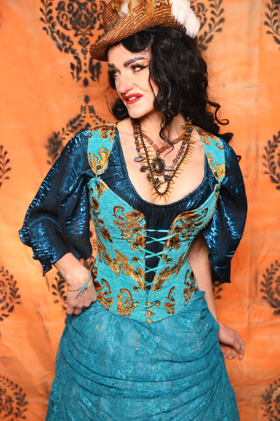 Petite Courtier Corset in Turquoise & Gold Medallion - Day 13 of 13 Days of Halloween 2025