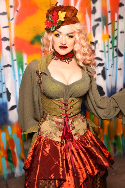 Cropped Vixen Corset with Pockets in Backwoods Green #11 - Harvest Baroque Collection