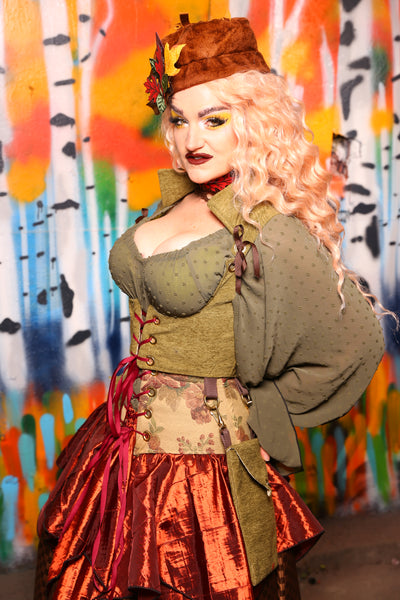 Cropped Vixen Corset with Pockets in Backwoods Green #11 - Harvest Baroque Collection