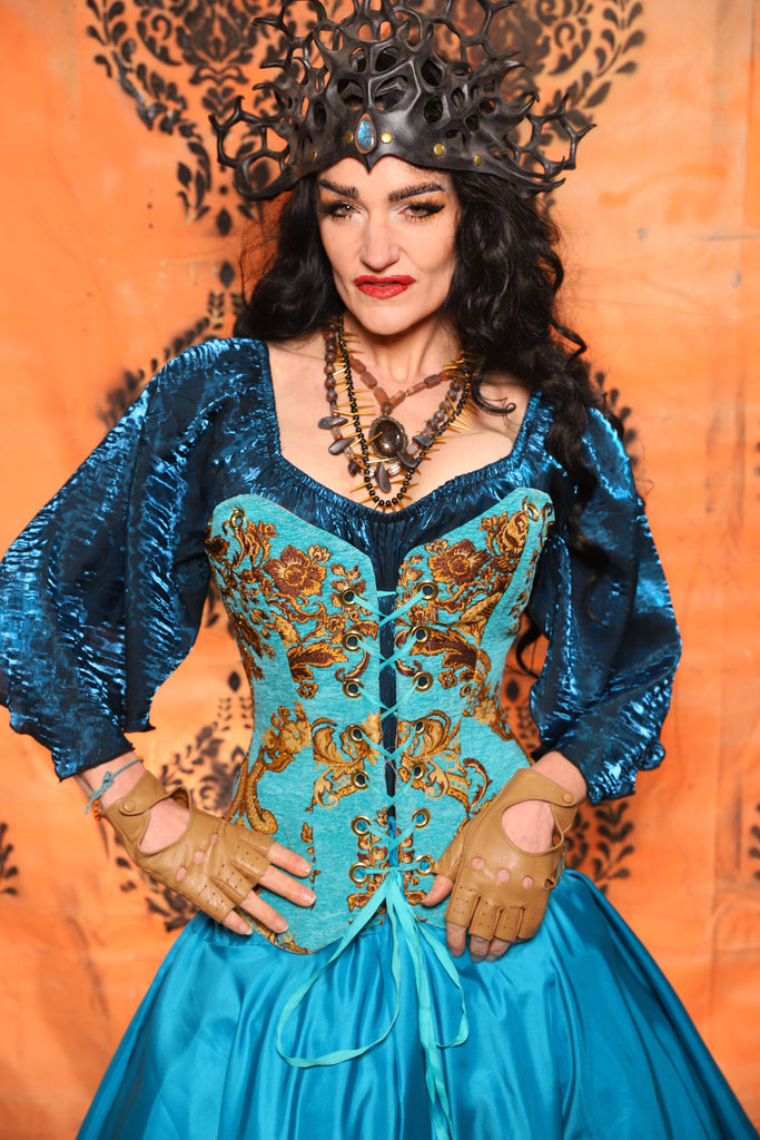Crossfire Corset in Turquoise & Gold Medallion Crossfire Corset in Turquoise & Gold Medallion