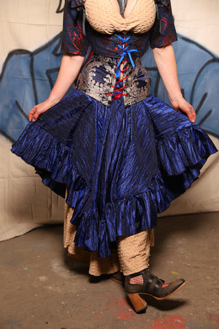 Crescent Skirt w/Ruffle in Ripple Navy Taffeta - The Little Miss Firecracker Collection
