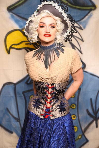 Wench Corset in Navy & Pearl Damask - The Little Miss Firecracker Collection
