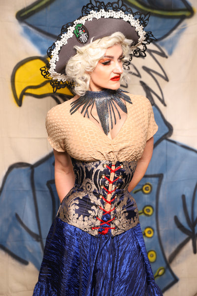 Wench Corset in Navy & Pearl Damask - The Little Miss Firecracker Collection