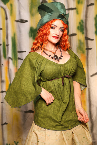 Classic Blouse w/ Leaf Sleeves in Green Foliage Cotton - Harvest & Hayrides Collection