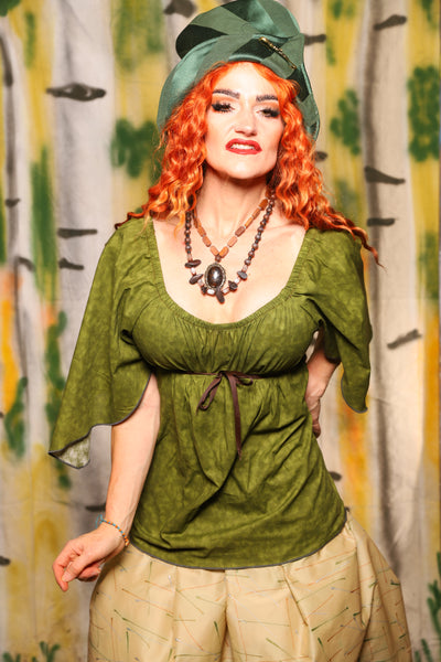 Classic Blouse w/ Leaf Sleeves in Green Foliage Cotton - Harvest & Hayrides Collection