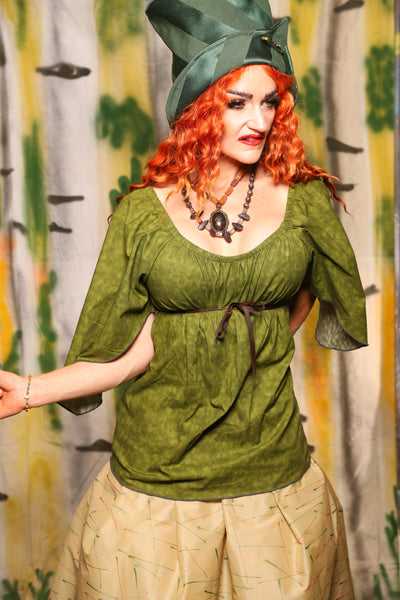 Classic Blouse w/ Leaf Sleeves in Green Foliage Cotton - Harvest & Hayrides Collection