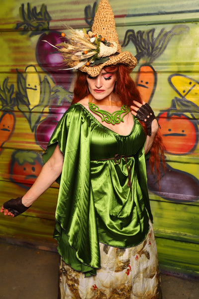03. Classic Blouse w/waterfall in Sunlit Moss Shiny Satin - The Hoedown Throwdown Collection