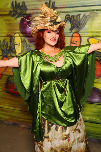 03. Classic Blouse w/waterfall in Sunlit Moss Shiny Satin - The Hoedown Throwdown Collection
