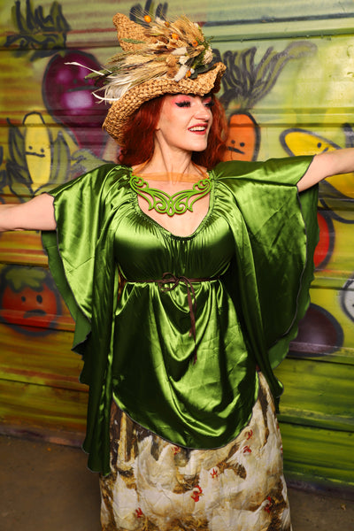 03. Classic Blouse w/waterfall in Sunlit Moss Shiny Satin - The Hoedown Throwdown Collection