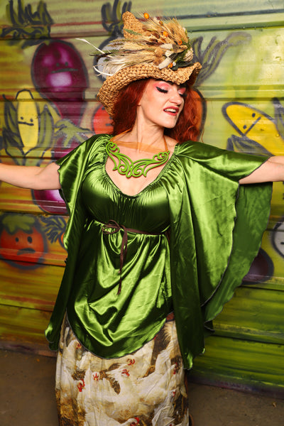 03. Classic Blouse w/waterfall in Sunlit Moss Shiny Satin - The Hoedown Throwdown Collection