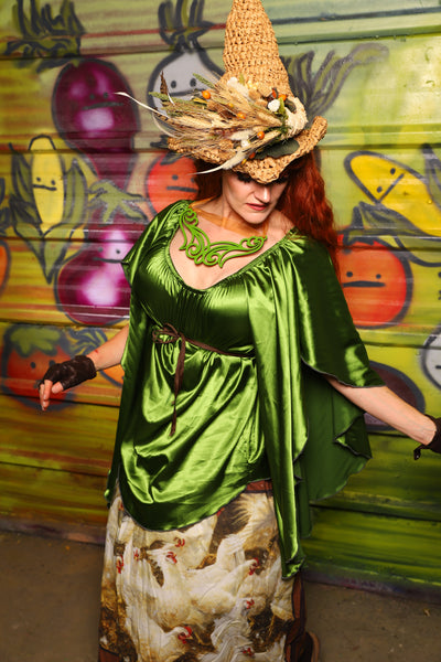03. Classic Blouse w/waterfall in Sunlit Moss Shiny Satin - The Hoedown Throwdown Collection