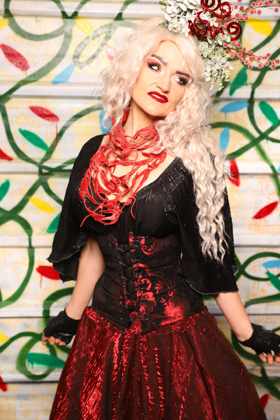 Petite Wench Corset in Crimson & Black Medallion - "Crows & Cardinal Collection"