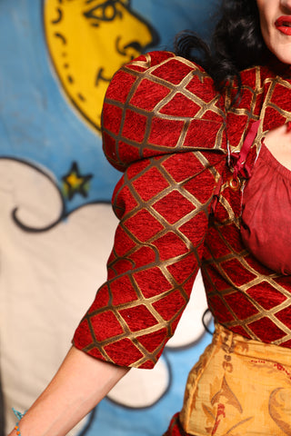 Detachable Structured Puffed Sleeves in Crimson & Gold Lattice - The Goldenberry Collection