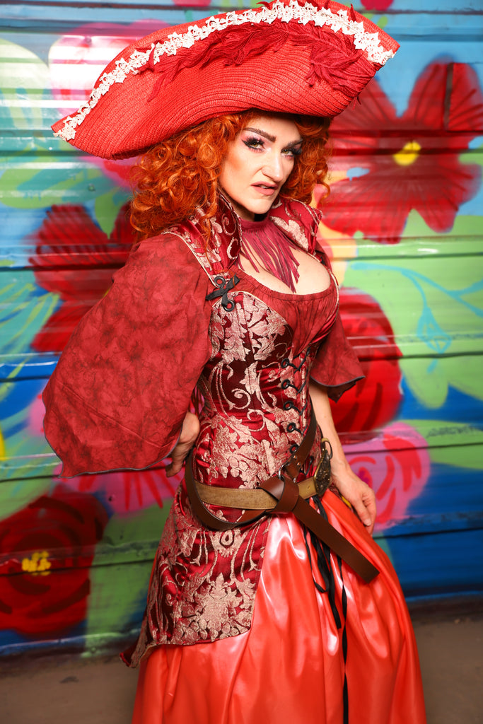Courtier Knee Length Pirate Coat In Cranberry Damask- Day 15 of "Celebrating 22 Years of Damsel"