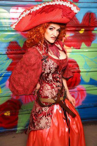 Courtier Knee Length Pirate Coat In Cranberry Damask- Day 15 of "Celebrating 22 Years of Damsel"