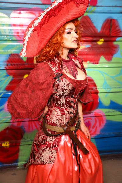 Courtier Knee Length Pirate Coat In Cranberry Damask- Day 15 of "Celebrating 22 Years of Damsel"