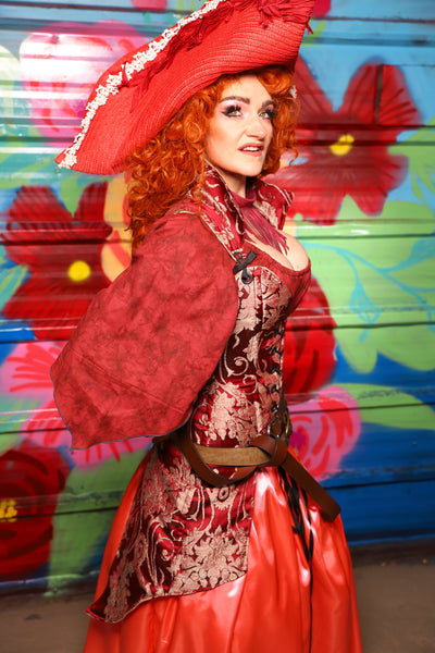Courtier Knee Length Pirate Coat In Cranberry Damask- Day 15 of "Celebrating 22 Years of Damsel"