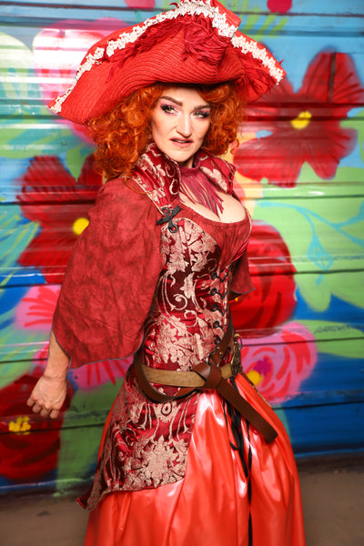 Courtier Knee Length Pirate Coat In Cranberry Damask- Day 15 of "Celebrating 22 Years of Damsel"