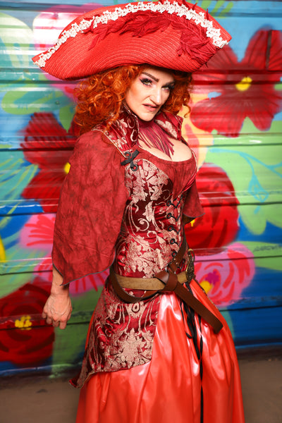 Courtier Knee Length Pirate Coat In Cranberry Damask- Day 15 of "Celebrating 22 Years of Damsel"