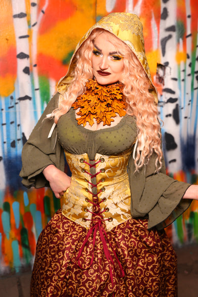 Hooded Vixen Corset In Belle Gold Damask #19 - Harvest Baroque Collection