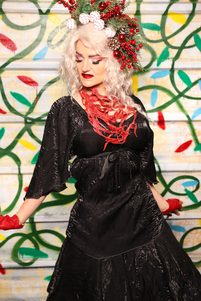 Classic Blouse w/Leaf Sleeves in Black Crushed Iridescent Shimmer - "Crows & Cardinal Collection"