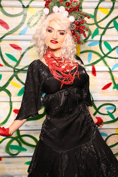 Classic Blouse w/Leaf Sleeves in Black Crushed Iridescent Shimmer - "Crows & Cardinal Collection"