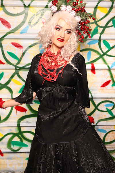Classic Blouse w/Leaf Sleeves in Black Crushed Iridescent Shimmer - "Crows & Cardinal Collection"