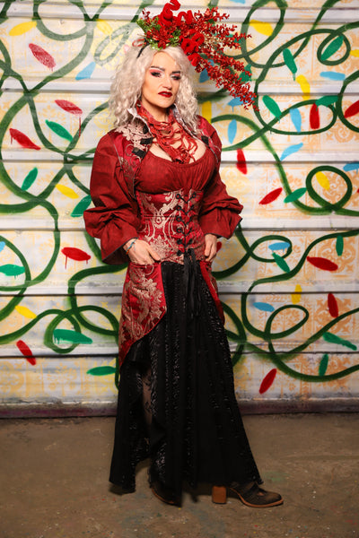 Petite Siren Corset w/ Pockets in Cranberry Damask - "Crows & Cardinal Collection"