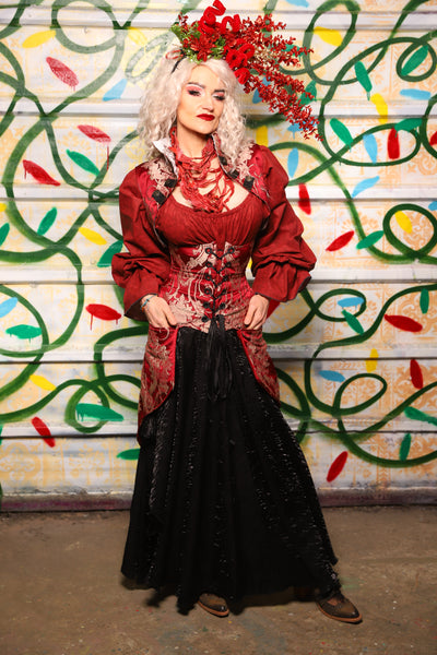 Petite Siren Corset w/ Pockets in Cranberry Damask - "Crows & Cardinal Collection"
