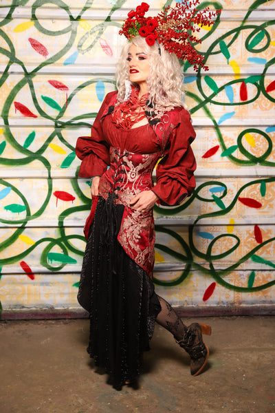 Petite Siren Corset w/ Pockets in Cranberry Damask - "Crows & Cardinal Collection"