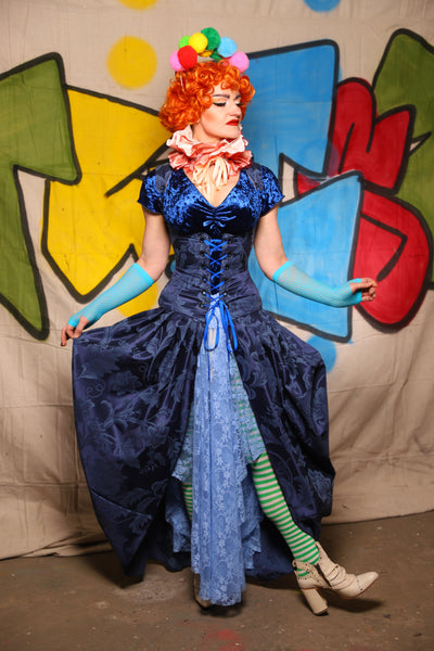 Queenie Corseted Coat with PETITE Vixen Base in Blue Floral Medallion  -The Clowning Around Collection