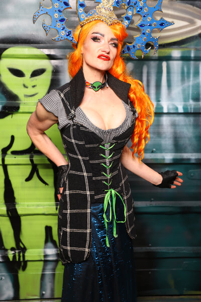 Petite*** Overbust Tailed Corset in Black and Cream Plaid - The Gilded Galaxy Collection