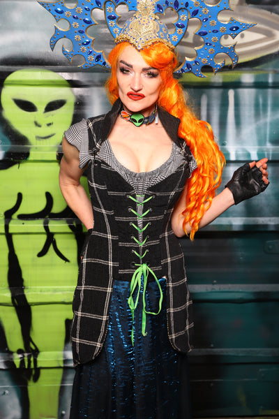 Petite*** Overbust Tailed Corset in Black and Cream Plaid - The Gilded Galaxy Collection