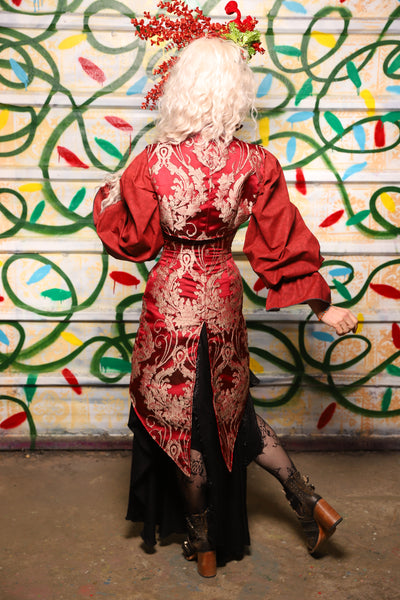 Petite Siren Corset w/ Pockets in Cranberry Damask - "Crows & Cardinal Collection"