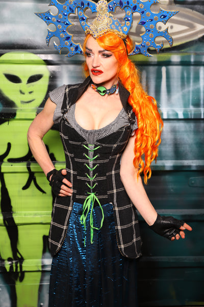 Petite*** Overbust Tailed Corset in Black and Cream Plaid - The Gilded Galaxy Collection