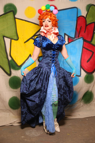 Queenie Corseted Coat with PETITE Vixen Base in Blue Floral Medallion  -The Clowning Around Collection