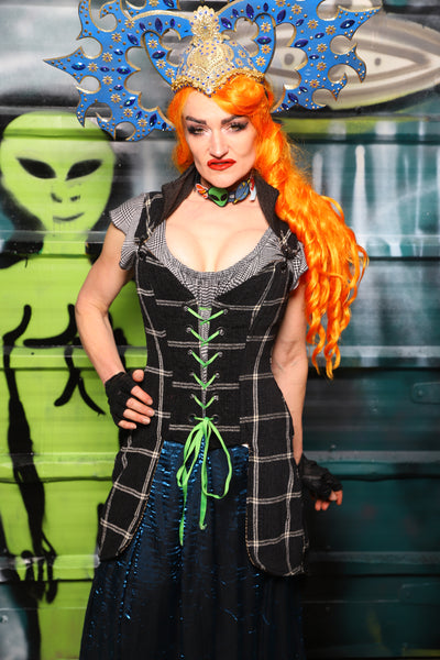 Petite*** Overbust Tailed Corset in Black and Cream Plaid - The Gilded Galaxy Collection