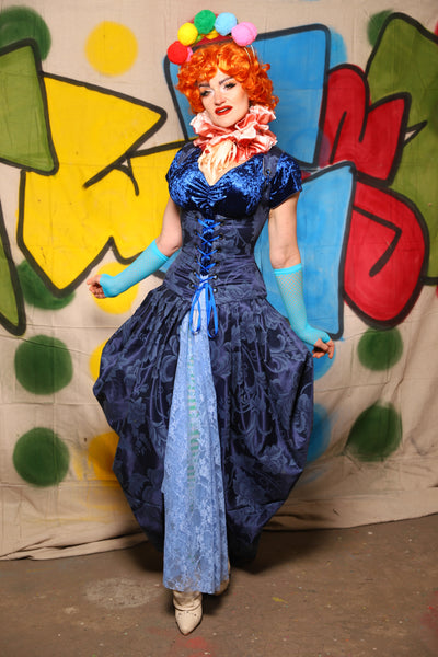 Queenie Corseted Coat with PETITE Vixen Base in Blue Floral Medallion  -The Clowning Around Collection