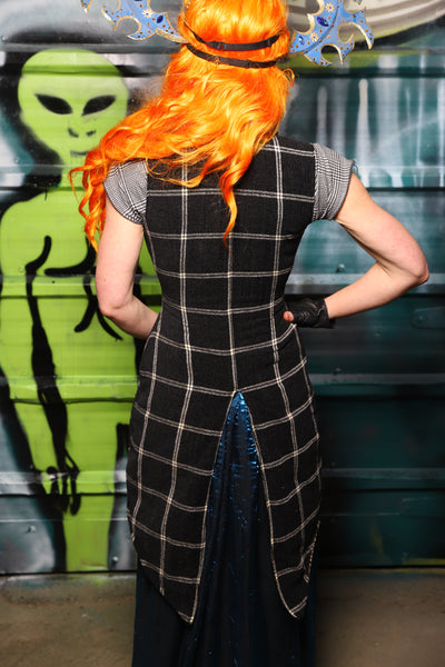 Petite*** Overbust Tailed Corset in Black and Cream Plaid - The Gilded Galaxy Collection