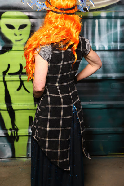 Petite*** Overbust Tailed Corset in Black and Cream Plaid - The Gilded Galaxy Collection