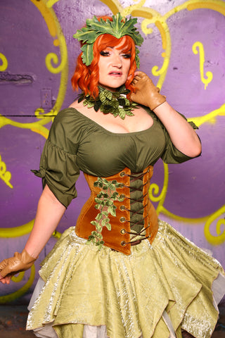 Wench Corset in Harvest Gold Velvet w/ Leaf Embroidery #43 - Moss & Maple Collection