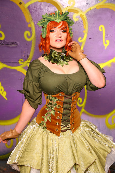 Wench Corset in Harvest Gold Velvet w/ Leaf Embroidery #43 - Moss & Maple Collection