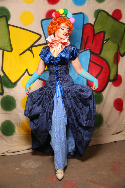 Queenie Corseted Coat with PETITE Vixen Base in Blue Floral Medallion  -The Clowning Around Collection