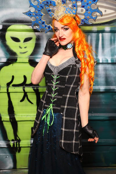 Petite*** Overbust Tailed Corset in Black and Cream Plaid - The Gilded Galaxy Collection