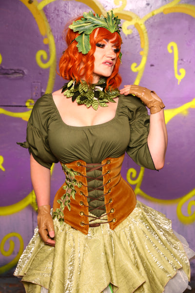 Wench Corset in Harvest Gold Velvet w/ Leaf Embroidery #43 - Moss & Maple Collection