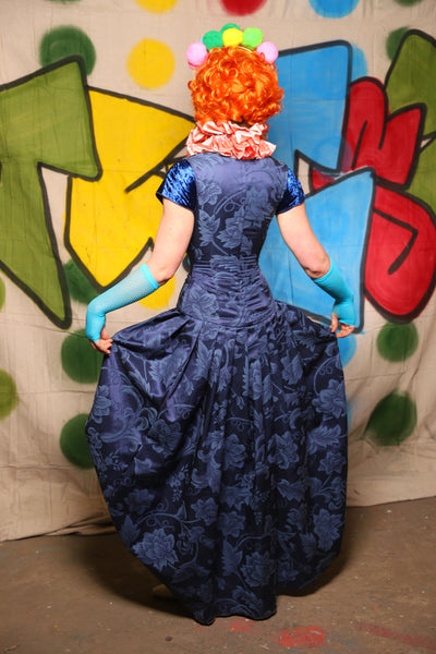 Queenie Corseted Coat with PETITE Vixen Base in Blue Floral Medallion  -The Clowning Around Collection