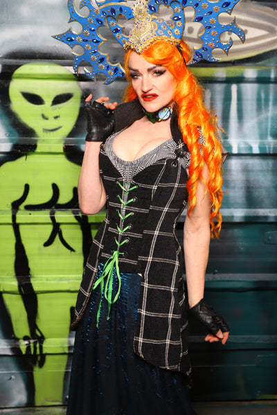 Petite*** Overbust Tailed Corset in Black and Cream Plaid - The Gilded Galaxy Collection