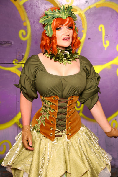 Wench Corset in Harvest Gold Velvet w/ Leaf Embroidery #43 - Moss & Maple Collection